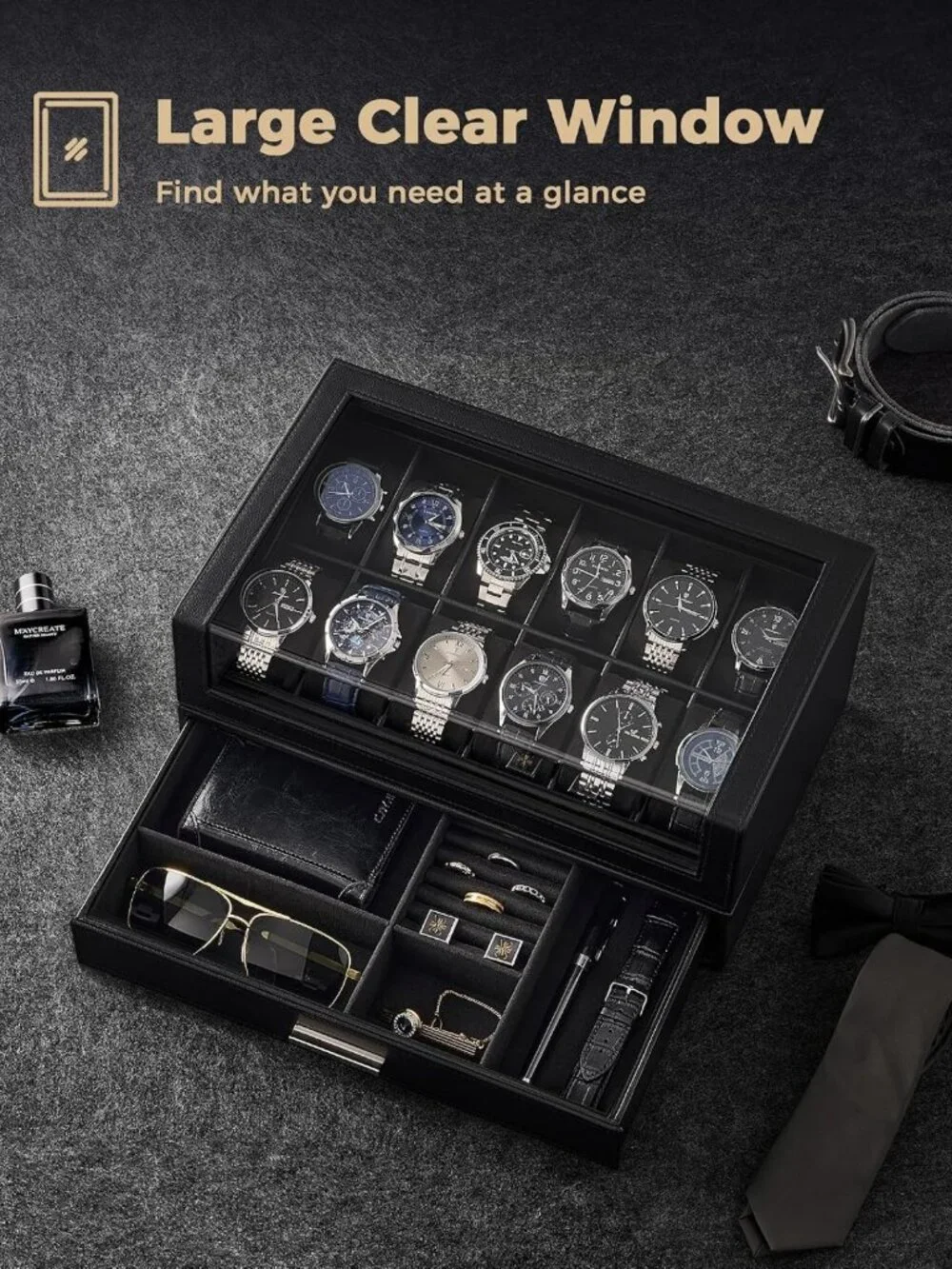12-Slot Men's Watch Display Box - Elegant Black Storage Organizer for Watches